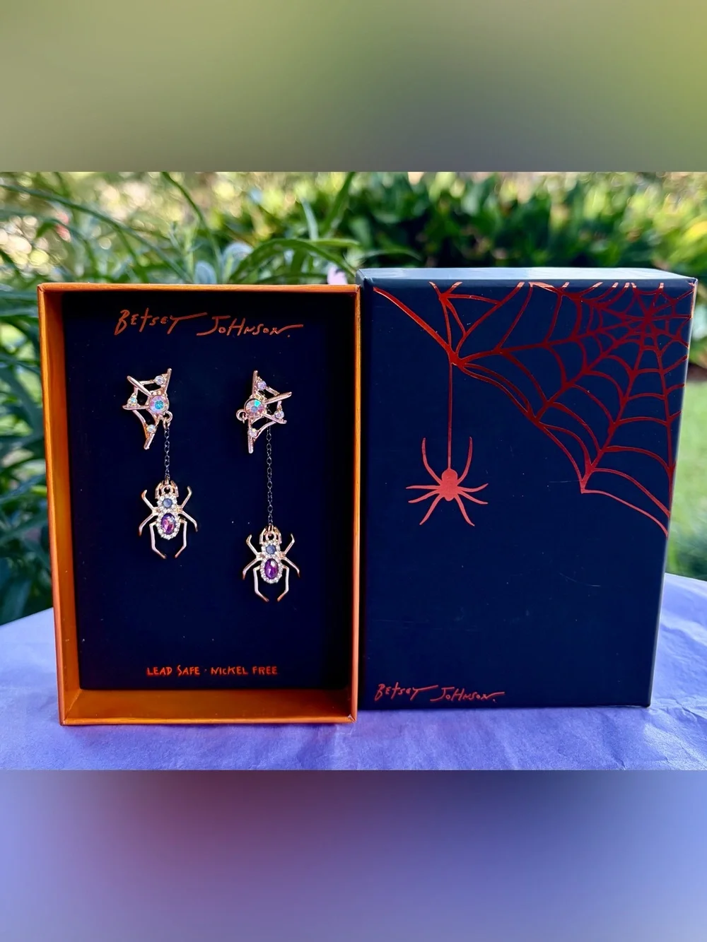 Betsey Johnson Gold Spider Drop Earrings with Purple Gems